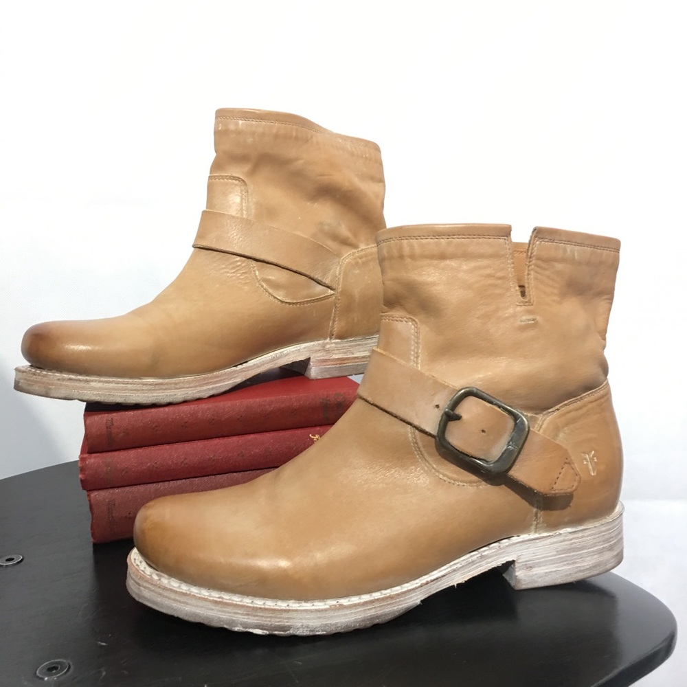 Frye Tan Leather Ankle Boots with Buckle